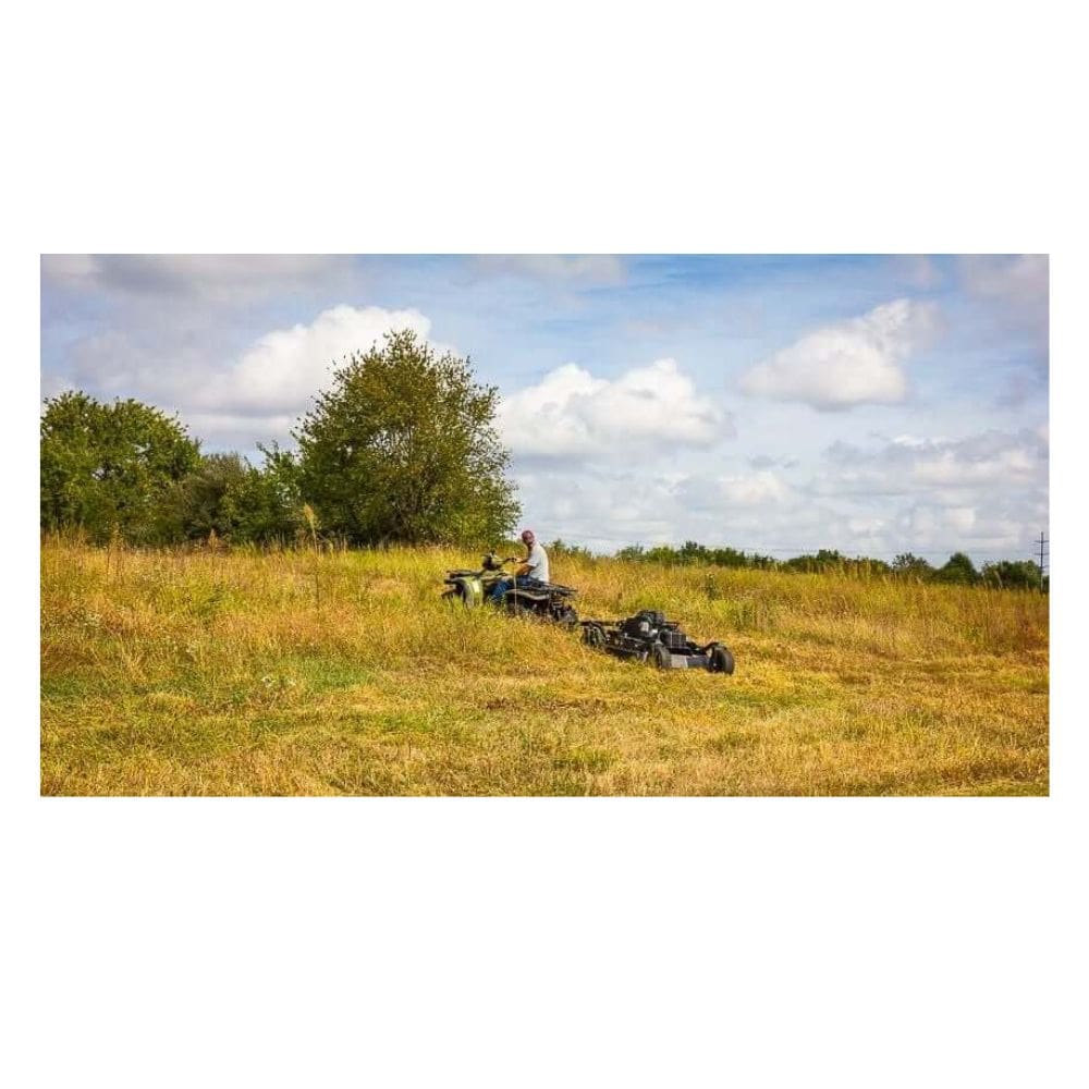 Swisher 44 Commercial Pro Rough Cut Mower, angled view, black, featuring large wheels and durable cutting deck.