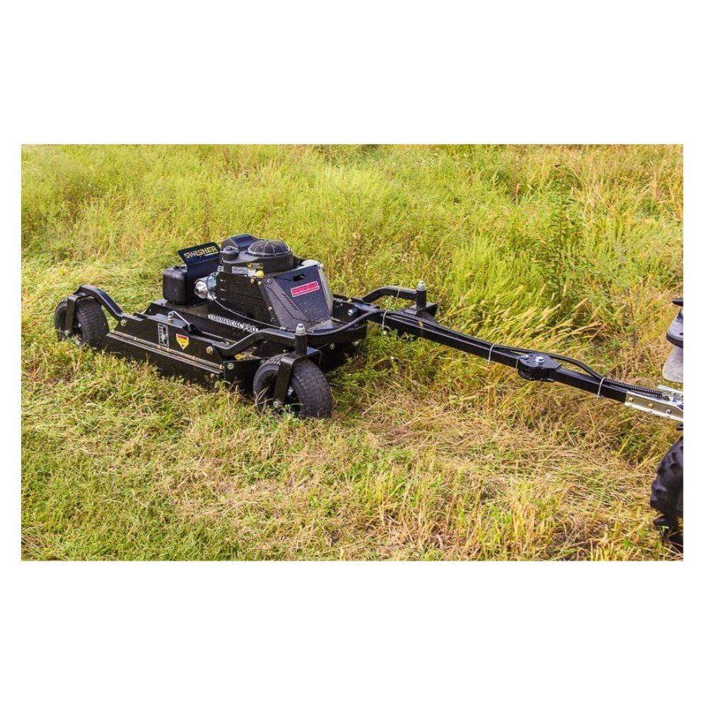 Swisher 44 Commercial Pro Rough Cut Mower, black, angled view with durable wheels and engine.