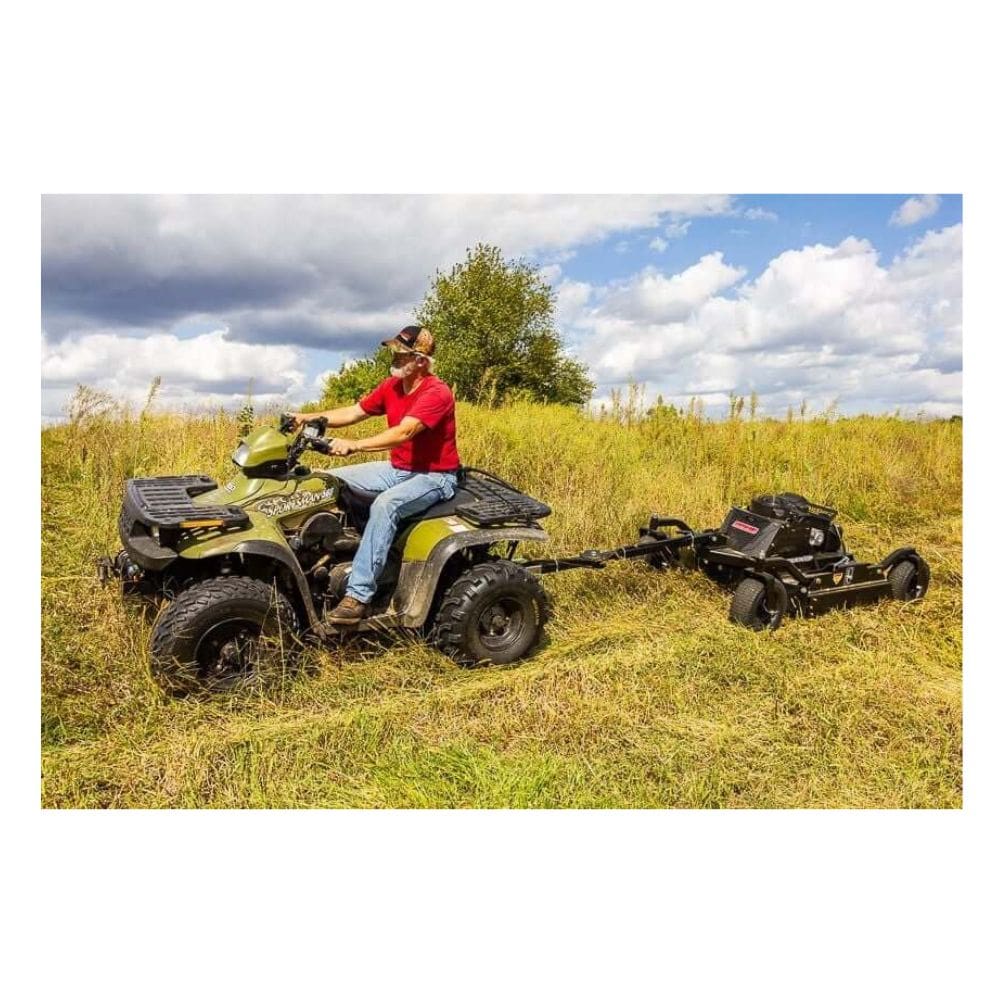 Swisher 44 Commercial Pro Rough Cut Mower, black, angled view, attached to an ATV.
