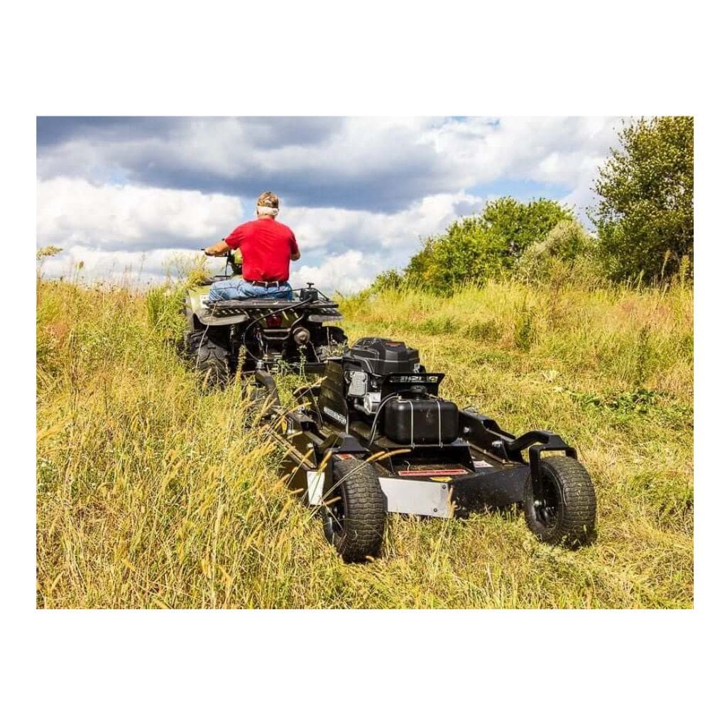 Swisher 44 Commercial Pro Rough Cut Mower, black, with rear wheels and Kawasaki engine.