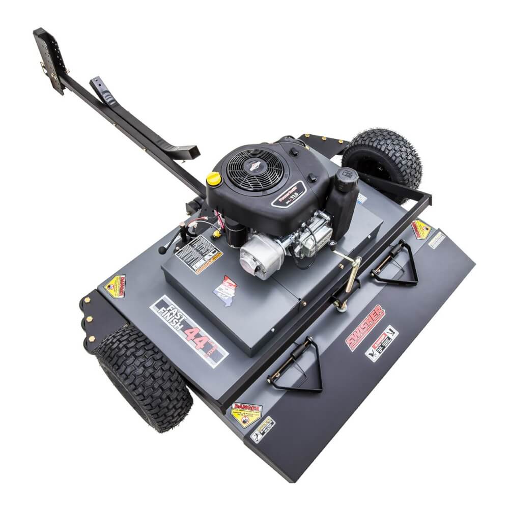 Swisher 44 Finish Cut Mower, 12V 11.5 HP, angled view with black body and large wheels.