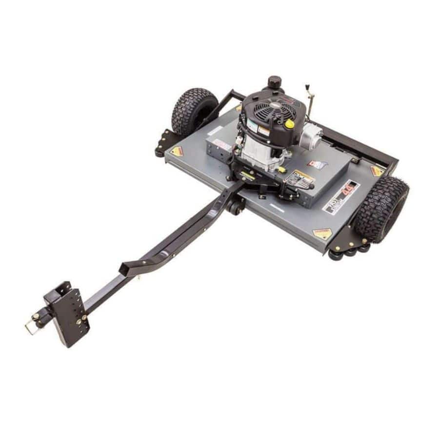 Swisher 44 Finish Cut Mower, angled view, featuring Briggs & Stratton engine and durable wheels.