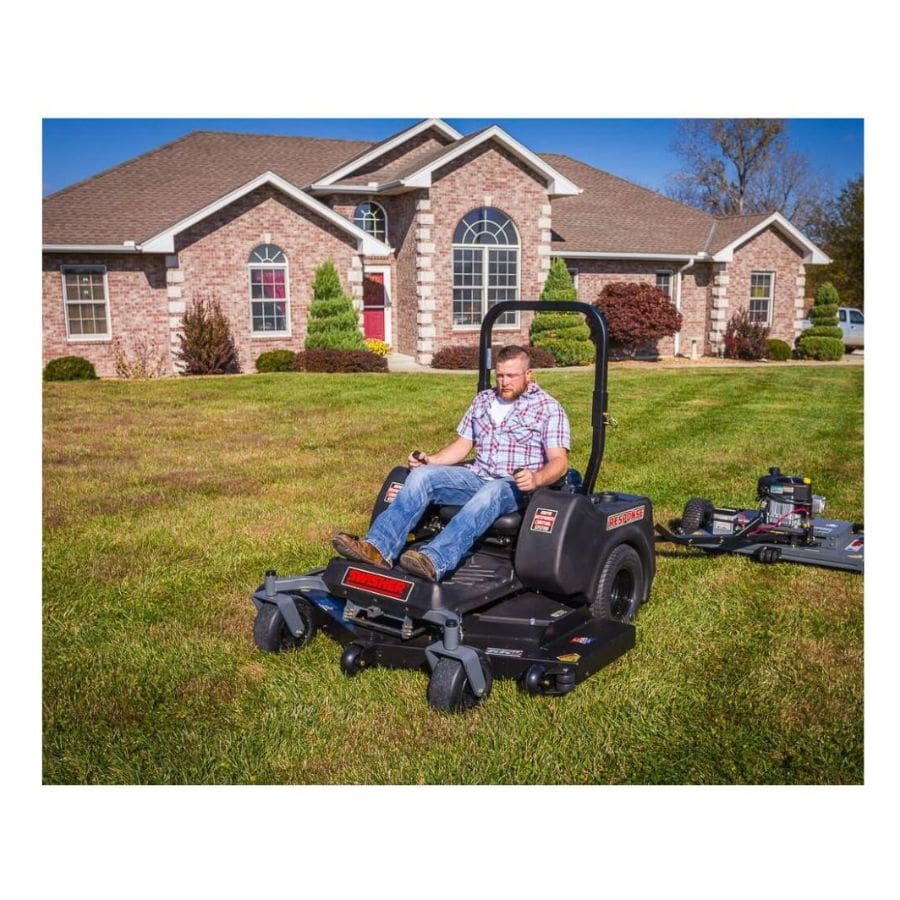 Swisher 44 Finish Cut Mower, black, with a rider seat and large cutting deck.