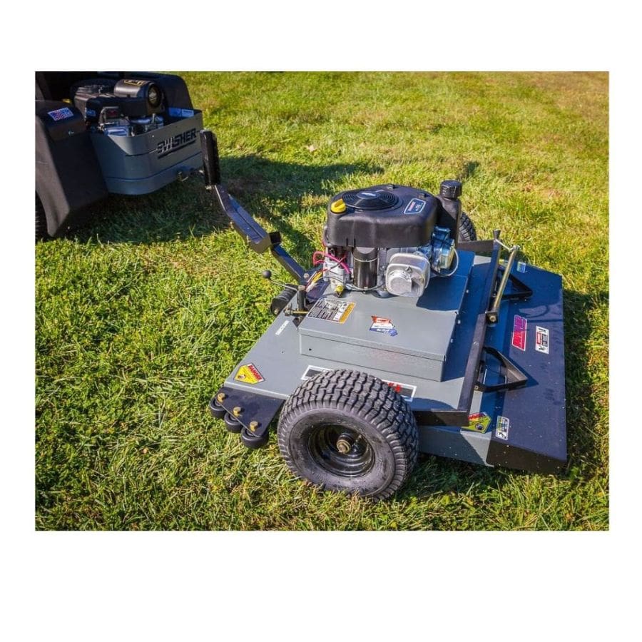 Swisher 44 Finish Cut Mower, gray color, angled view with Briggs & Stratton engine and wheels.