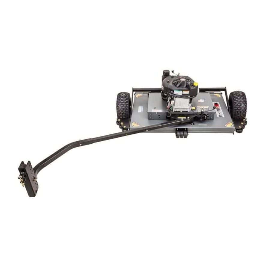 Swisher 44 Finish Cut Mower top-down view, gray with 12V engine and durable wheels.
