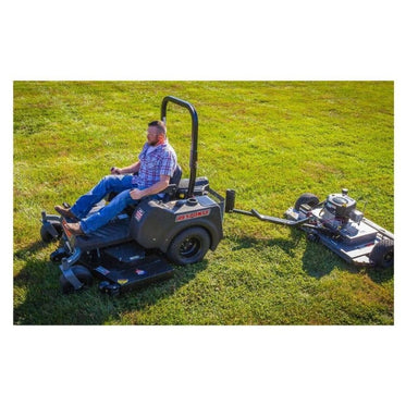 Swisher 44 Finish Cut Mower, black, top view with adjustable seat and wheels.