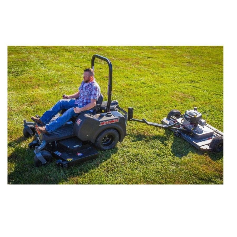 Swisher 44 Finish Cut Mower, black, top view with adjustable seat and wheels.