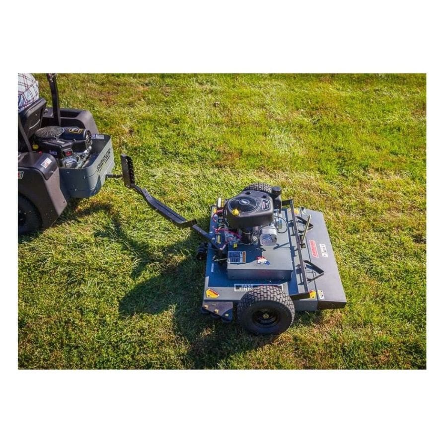 Swisher 44 Finish Cut Mower 12V, top view, gray with wheels and Briggs & Stratton engine.