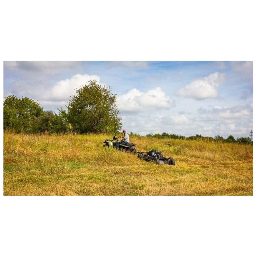 Swisher 44 Commercial Pro Rough Cut Mower, angled view, black with large cutting deck and wheels.