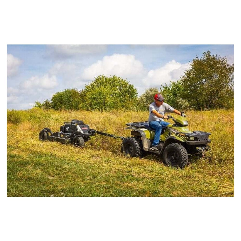 Swisher 44 Commercial Pro Rough Cut Mower, black, angled view with robust wheels and frame.