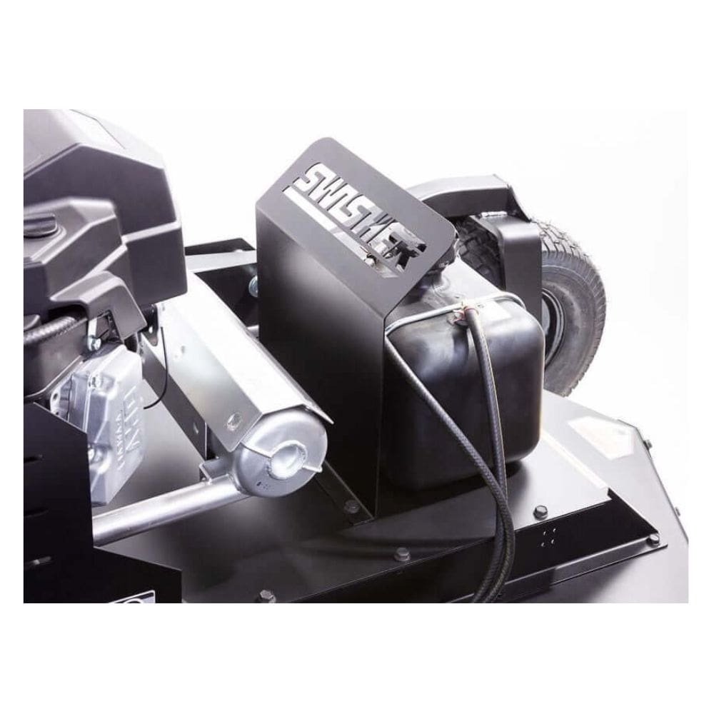 Swisher 44 Commercial Pro Rough Cut Mower, black, featuring Kawasaki engine and sturdy wheels.