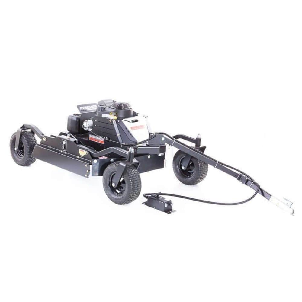 Swisher 44 Commercial Pro Rough Cut Mower, black with large wheels and angled design.