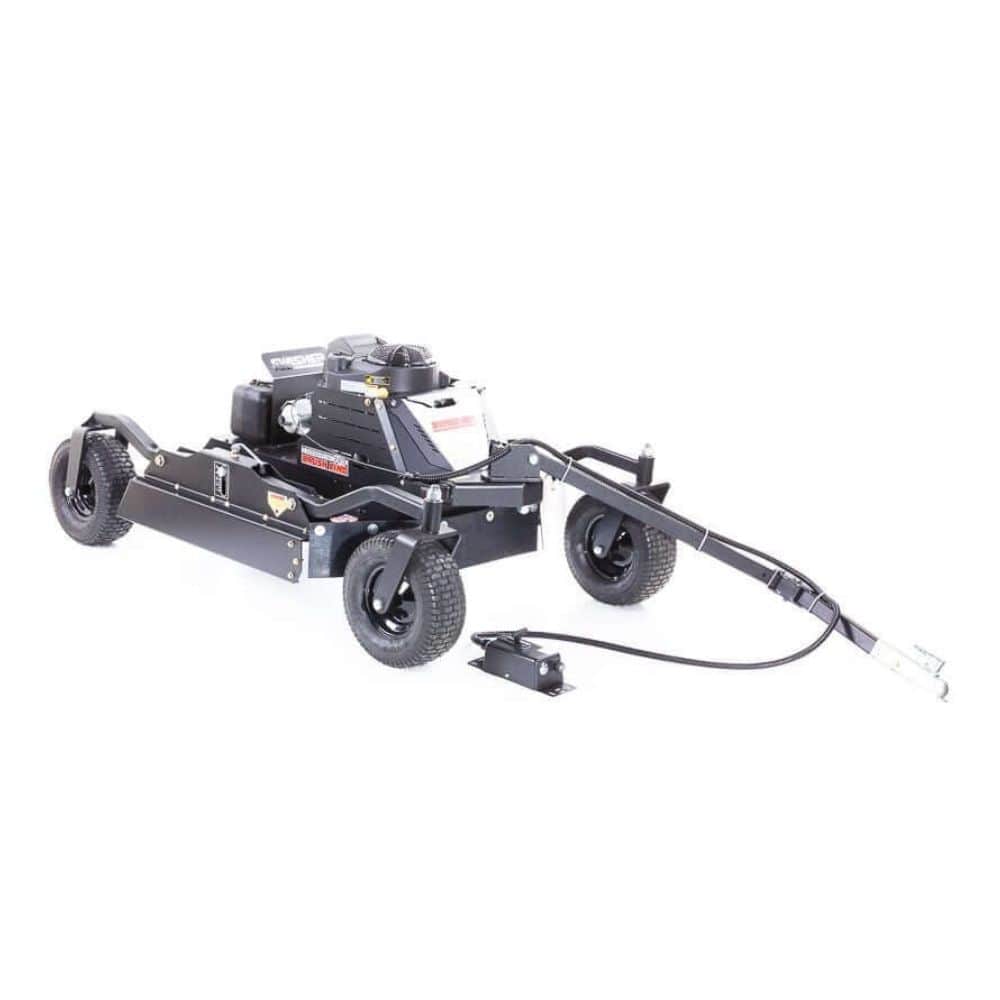 Swisher 44 Commercial Pro Rough Cut Mower, black with wheels and adjustable handle for easy maneuverability.