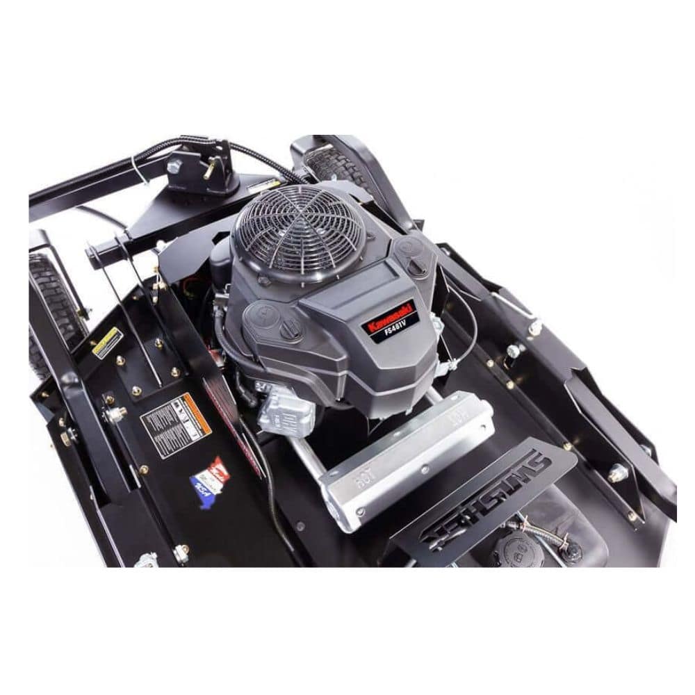 Swisher 44 Commercial Pro Rough Cut Mower, top view with Kawasaki engine and black metal chassis.
