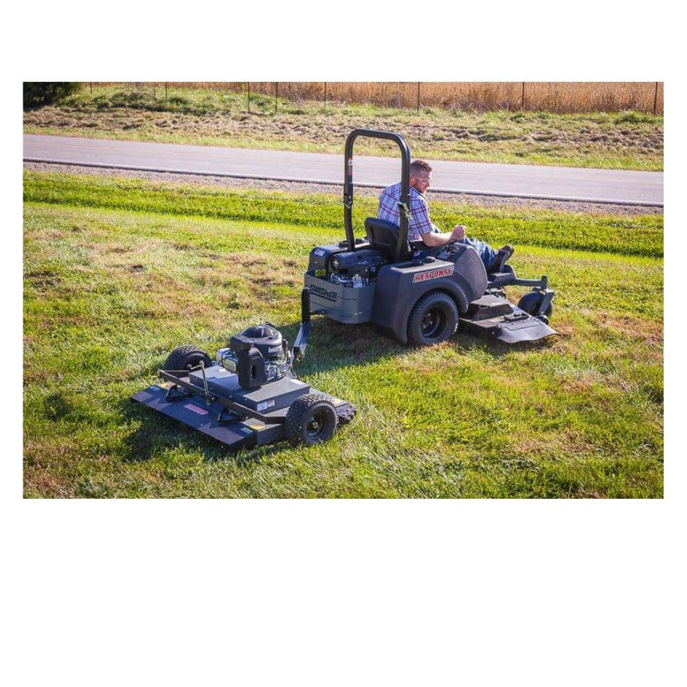 Swisher 44 Trail Mower 11.5 HP, angled view, featuring black body and durable wheels.