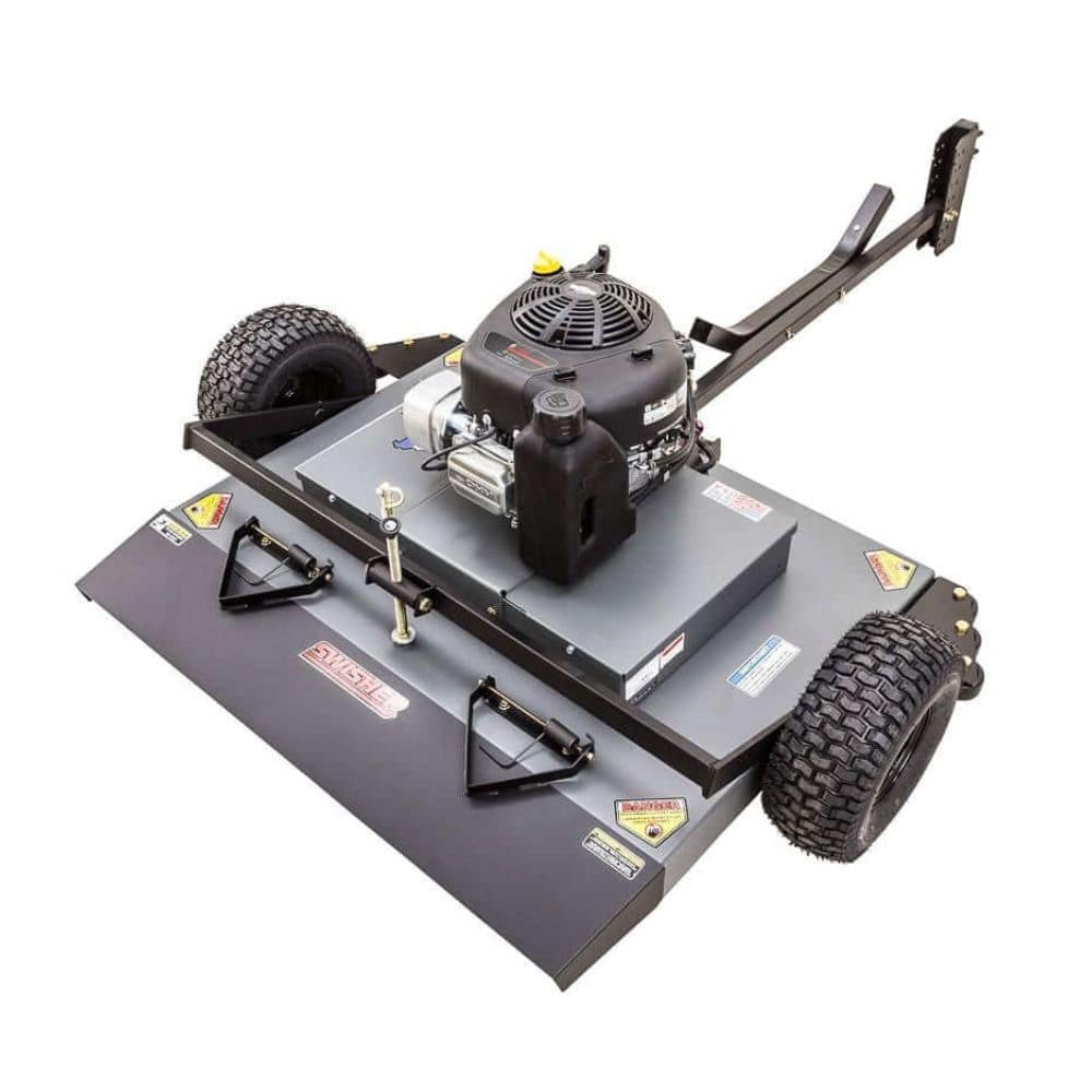 Swisher 44 Trail Mower with 11.5 HP engine, angled view, featuring robust tires and cutting deck.