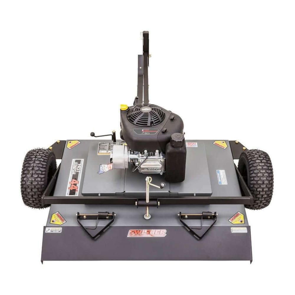 Swisher 44 Trail Mower 11.5 HP, front view with gray deck, engine, and rugged wheels.