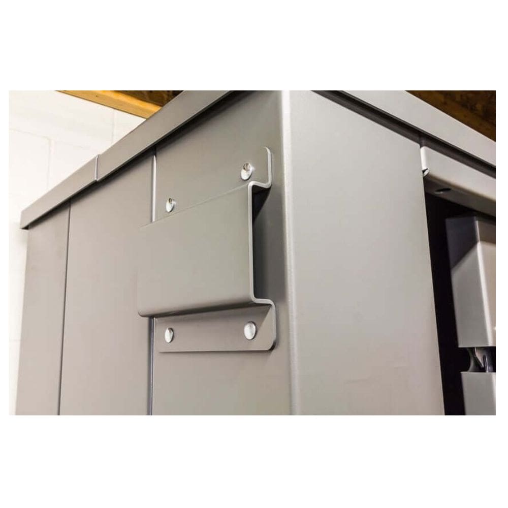 Swisher 6 Person ESP Safety Shelter angled view, grey color with metal hardware details.