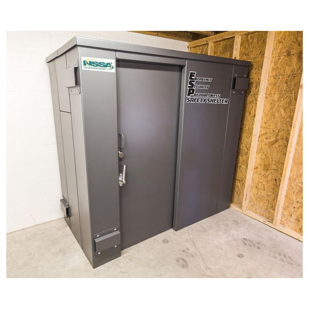 Swisher 6 Person ESP Safety Shelter front view, gray exterior with secure locking door and sturdy design.