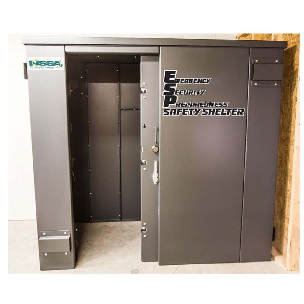 Swisher 6 Person ESP Safety Shelter front view, gray metal with double doors and interior hooks.
