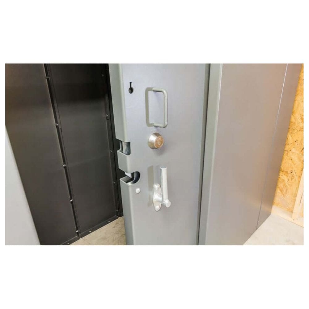 Swisher 6 Person ESP Safety Shelter, gray door with secure locking mechanism and handle.