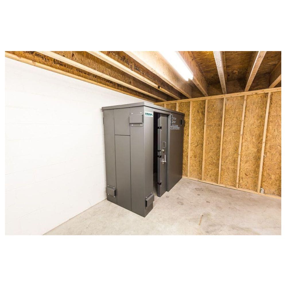 Swisher 6 Person ESP Safety Shelter, gray, front view with secure doors and sturdy construction.