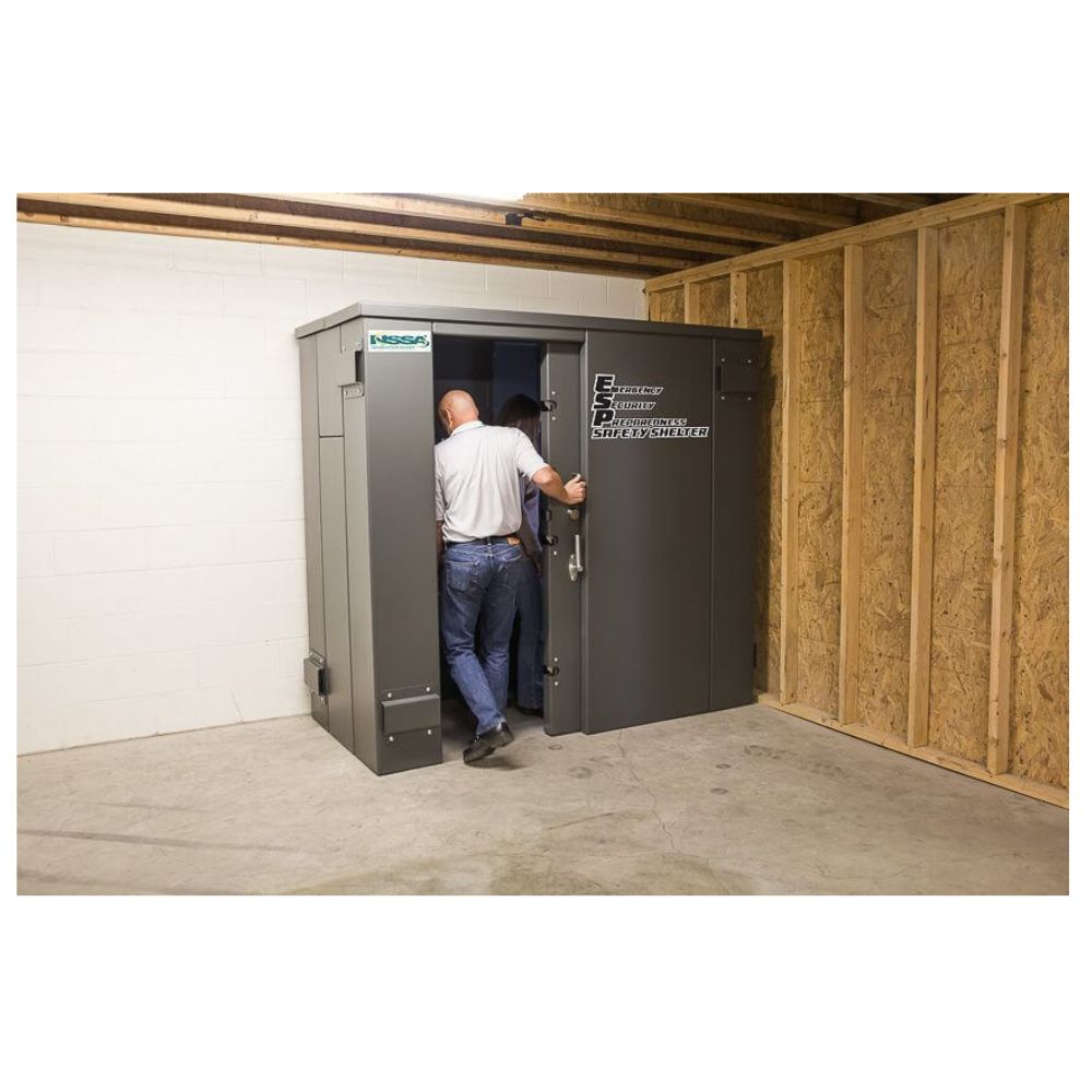Swisher 6 Person ESP Safety Shelter in gray, front view with dual doors for access.
