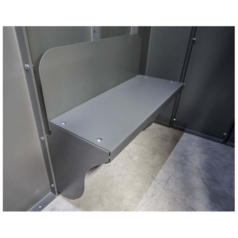 Swisher 6 Person ESP Safety Shelter gray interior bench with sturdy construction and seamless design.