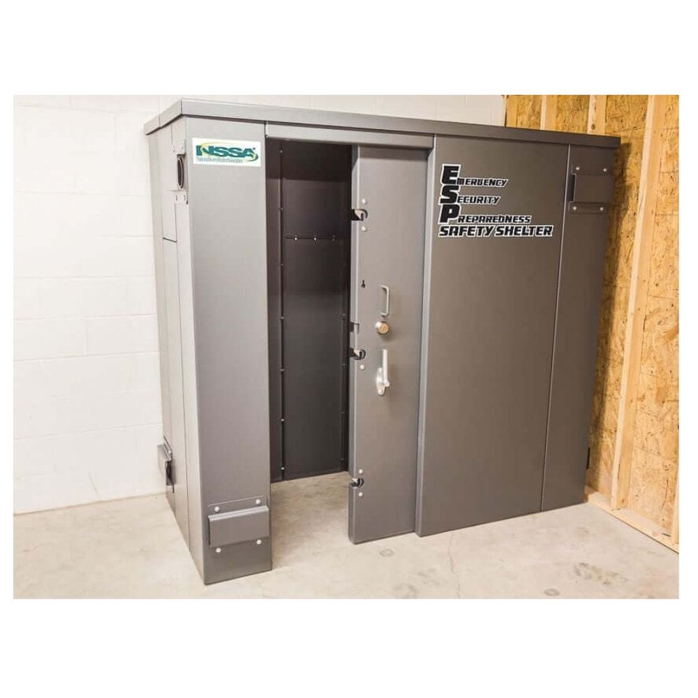 Swisher 6 Person ESP Safety Shelter, gray metal construction with a sturdy door and lock.