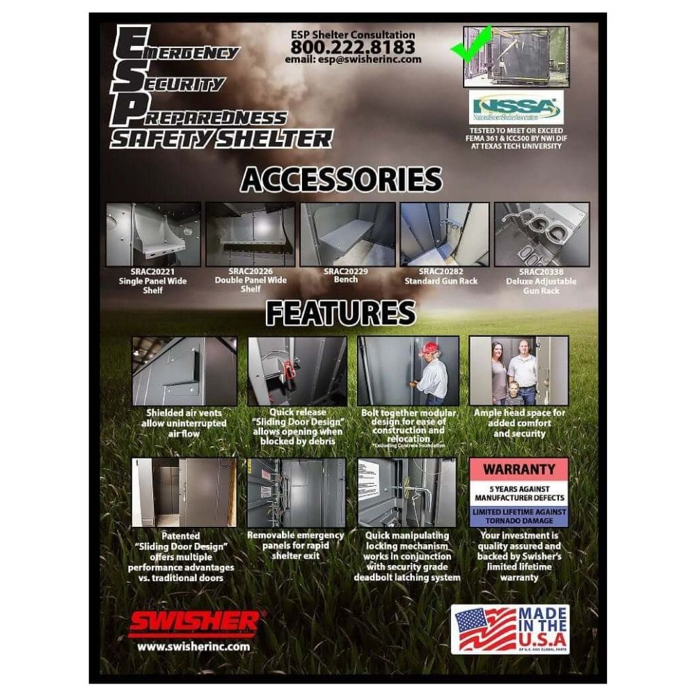 Swisher 6 Person ESP Safety Shelter, gray with sliding door design and ventilation features.