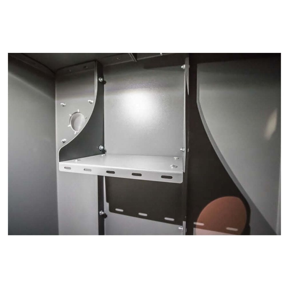 Swisher 6 Person ESP Safety Shelter interior view, gray metal with shelf and mounting brackets.