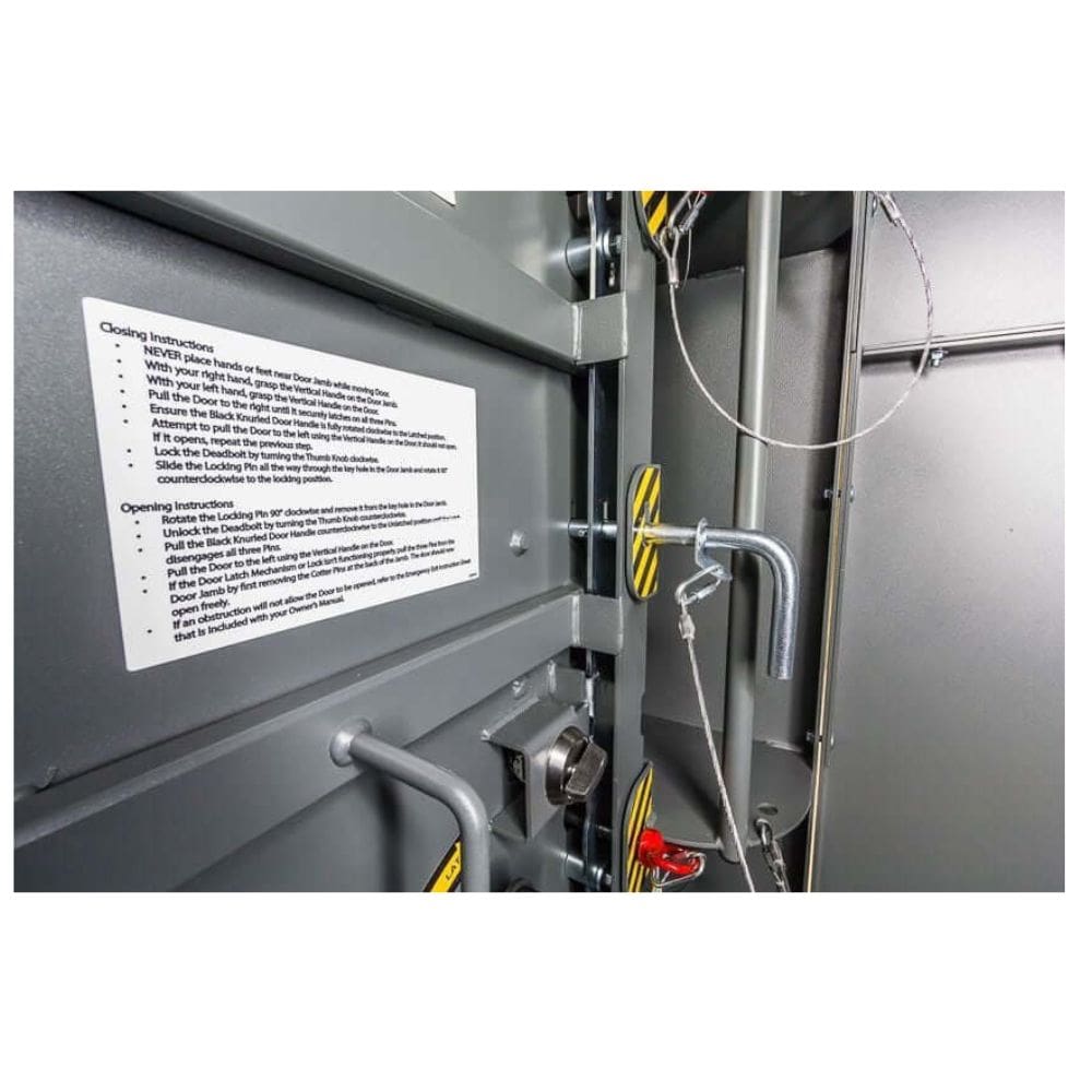 Swisher 6 Person ESP Safety Shelter interior view, featuring locking mechanism and detailed instructions.