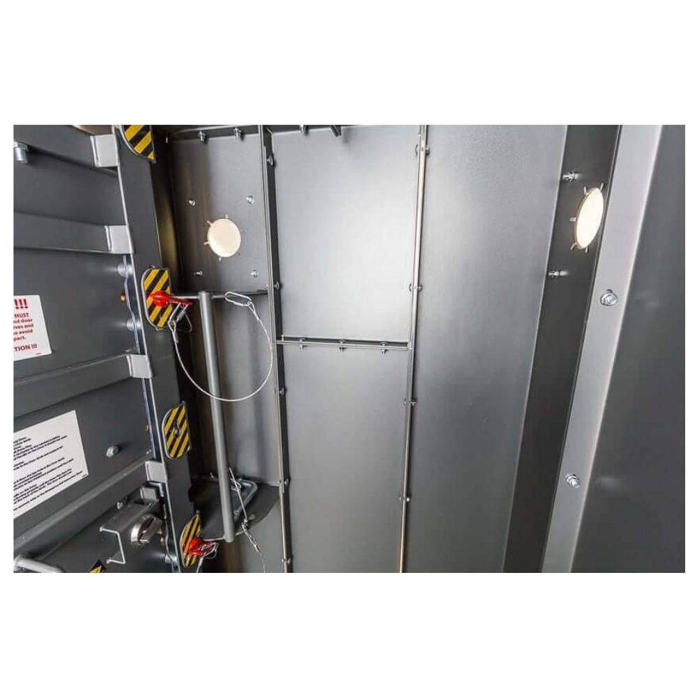 Swisher 6 Person ESP Safety Shelter interior view, featuring metal construction and safety details.