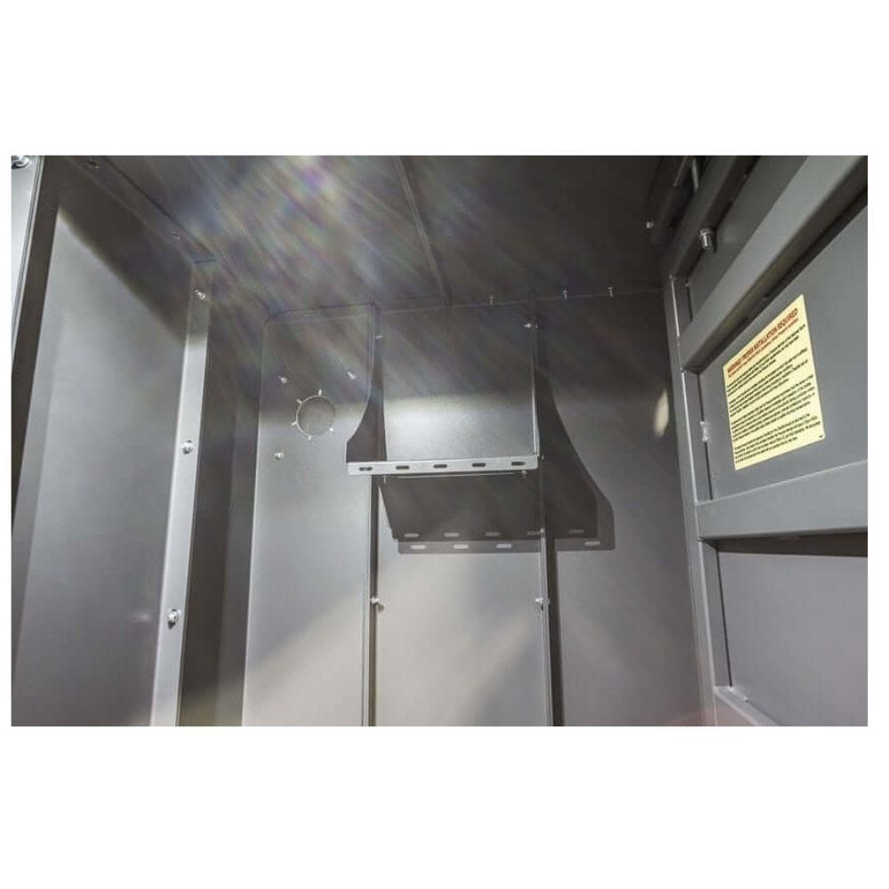 Swisher 6 Person ESP Safety Shelter interior view, gray metal with mounting brackets and ventilation.
