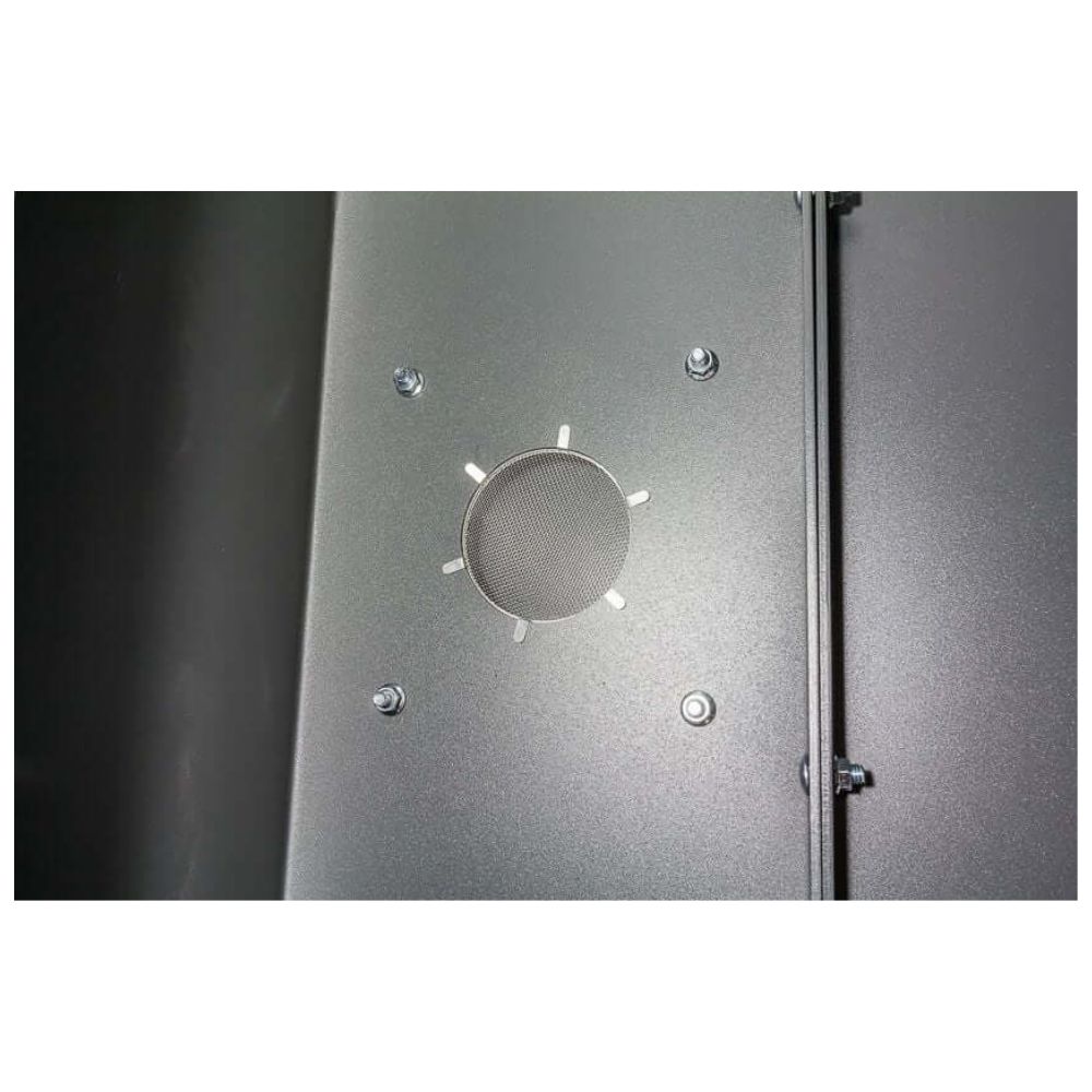 Swisher 6 Person ESP Safety Shelter top view, gray metal with circular vent and screws.