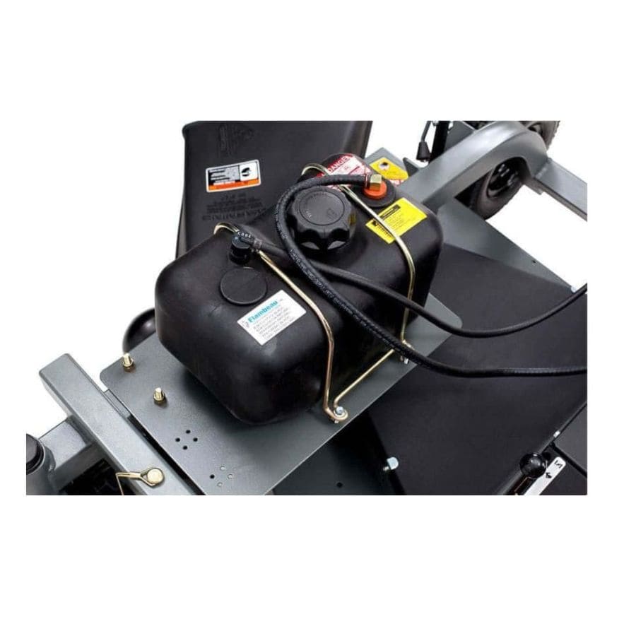 Swisher 60" Trail Mower 12V fuel tank with black design and integrated safety features.