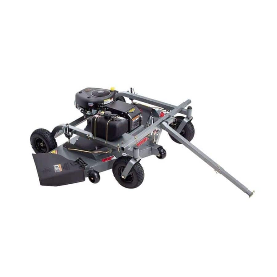 Swisher 60" Trail Mower, gray with 12V engine, wheels, and cutting blade attachment.