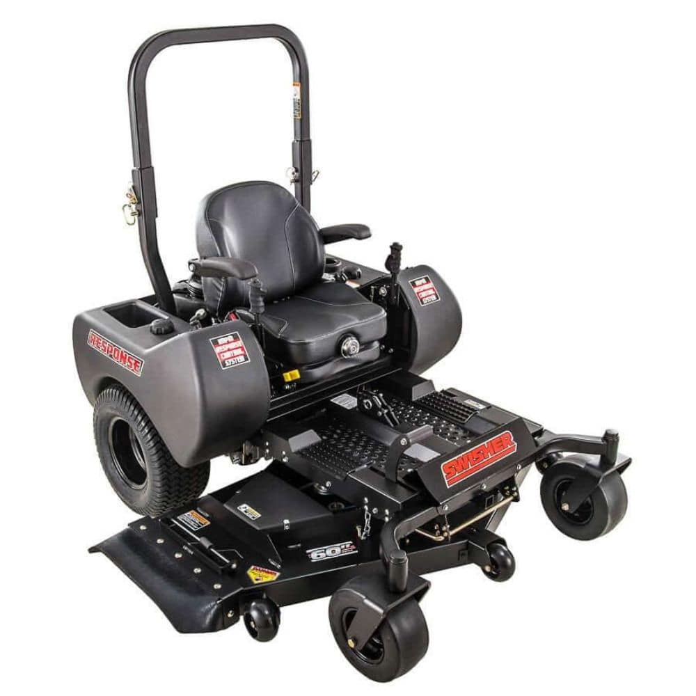 Swisher 60" Zero Turn Mower, 24 HP Briggs & Stratton, black, angled view with comfortable seat and handle.