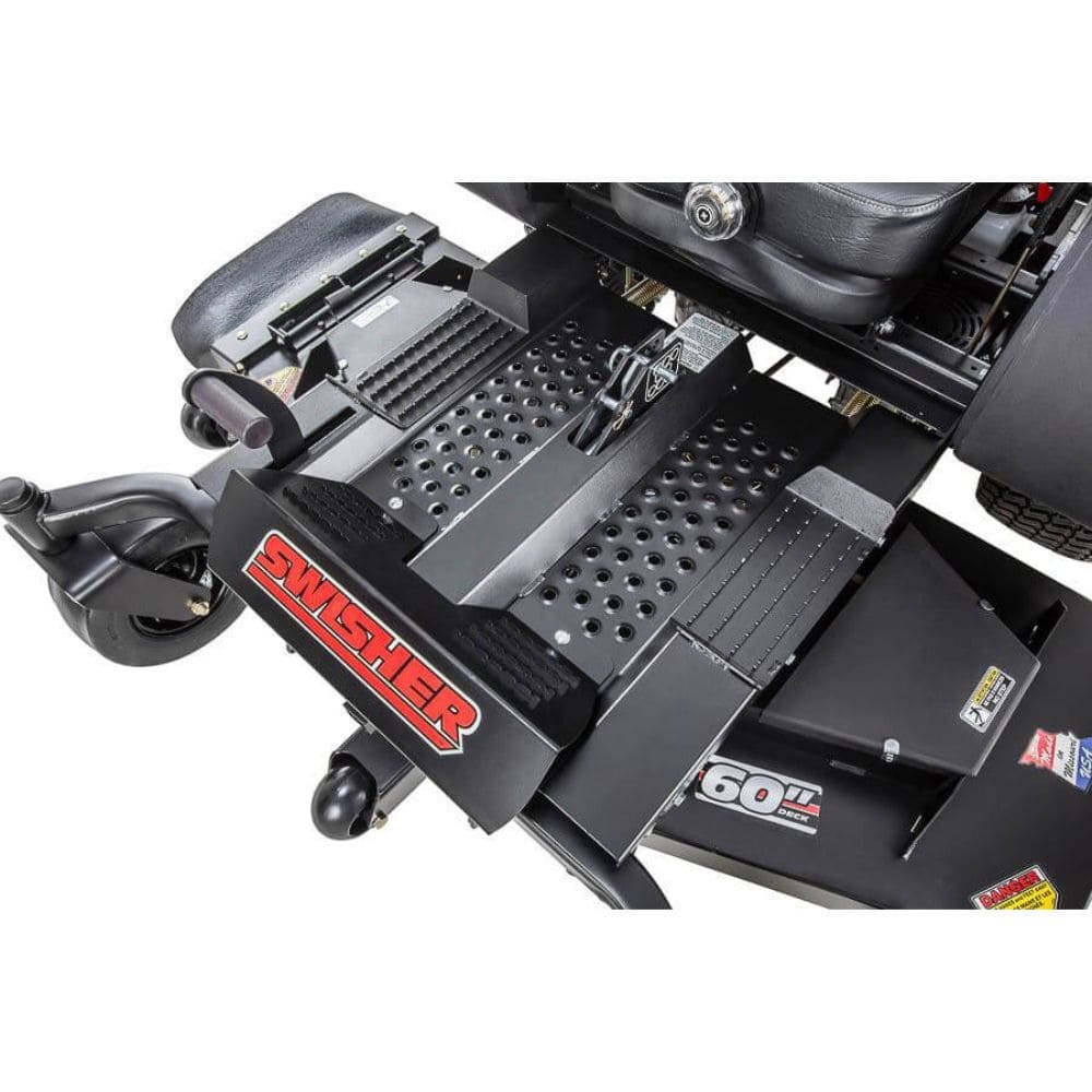 Swisher 60" Zero Turn Mower, black with textured footboard and rear wheels, angled view.