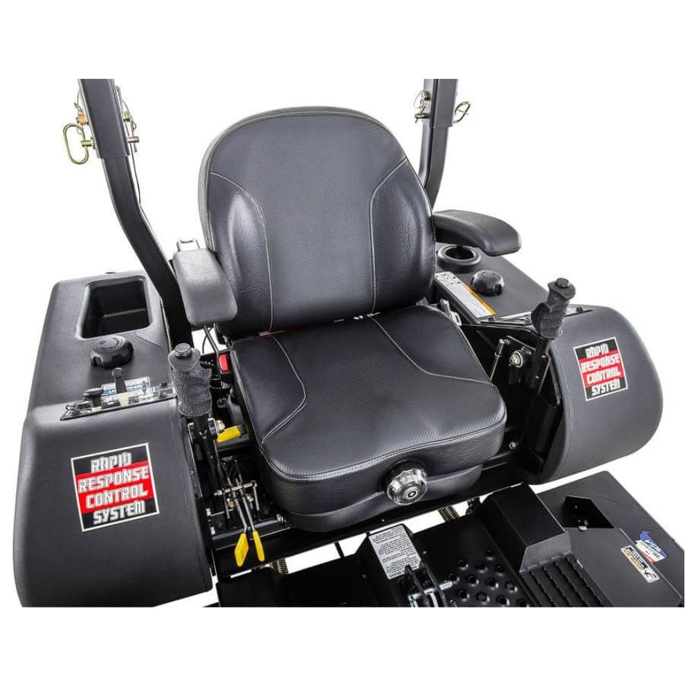 Swisher 60" Zero Turn Mower with black seat, control levers, and ergonomic design.