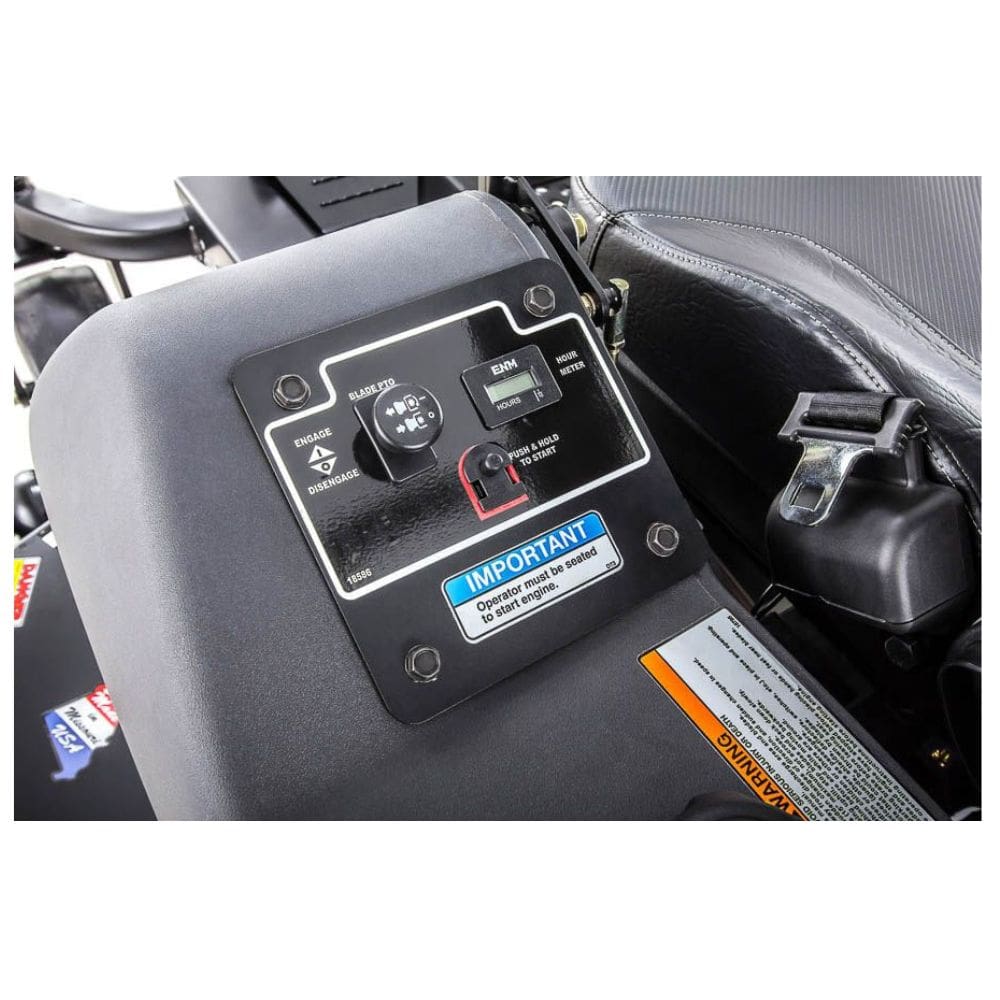 Swisher 60" Zero Turn Mower control panel, featuring buttons, hour meter, and safety warnings.