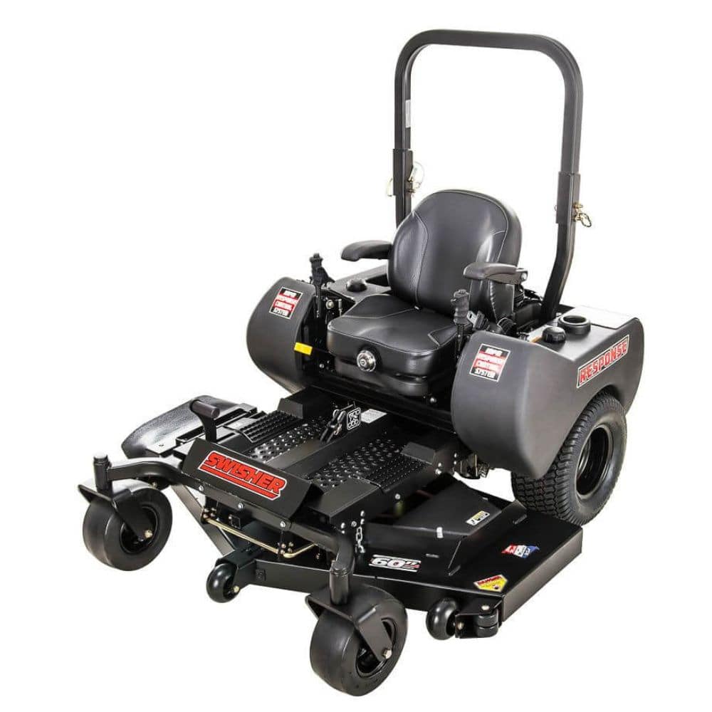 Swisher 60" Zero Turn Mower, black, front view with comfortable seat and steering controls.