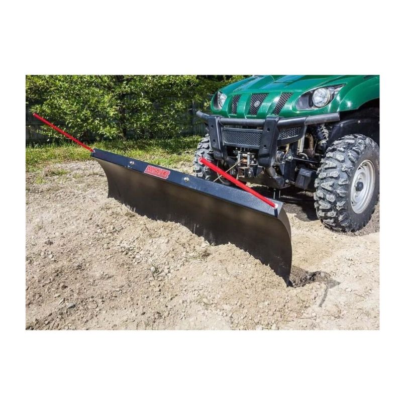 Swisher 62 UTV Commercial Pro Plow Combo, angled view, black blade with red supports and wheels.