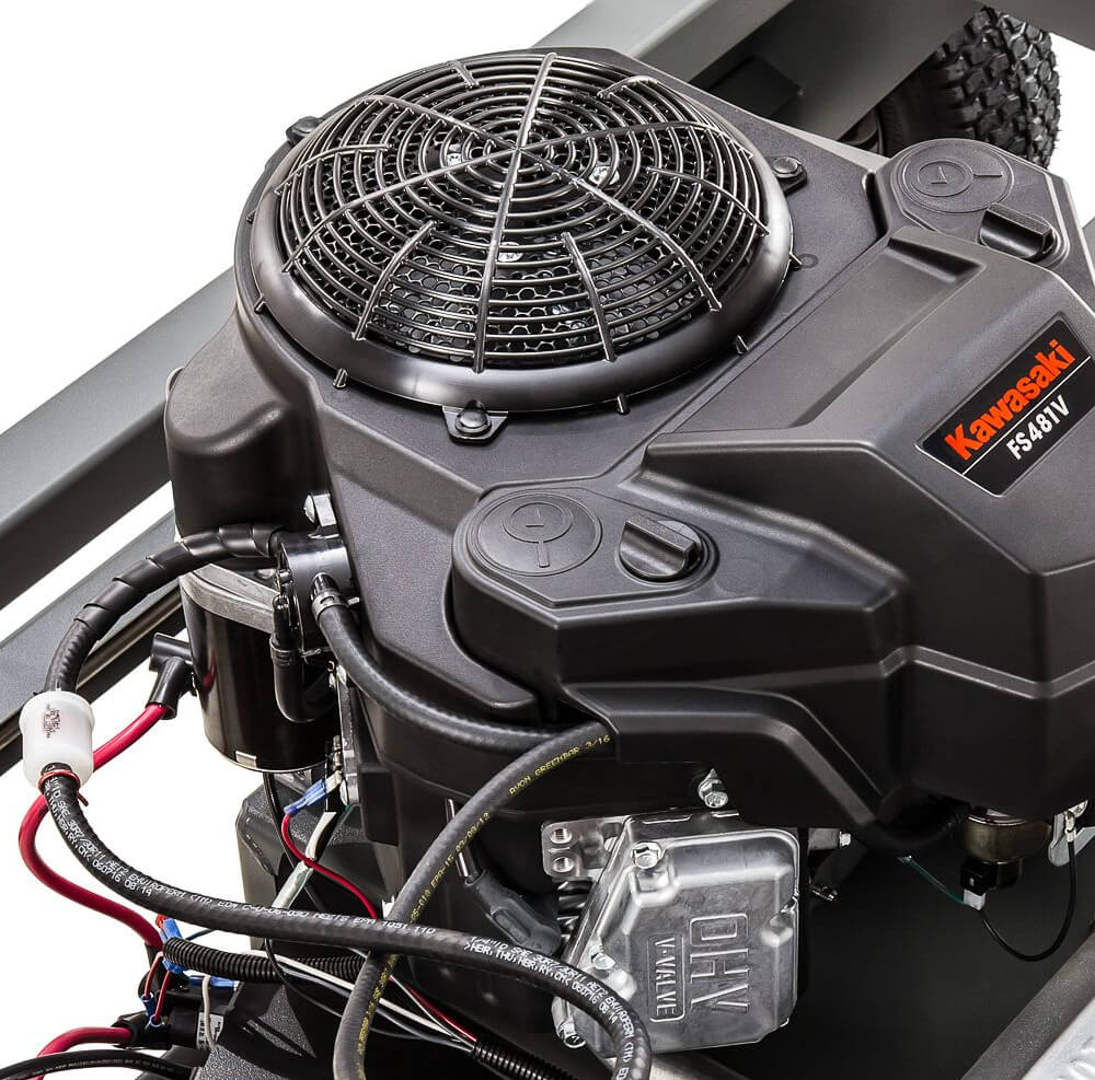 Swisher 66 Commercial Mower 14.5HP Kawasaki engine, black with intricate detailing and power features.