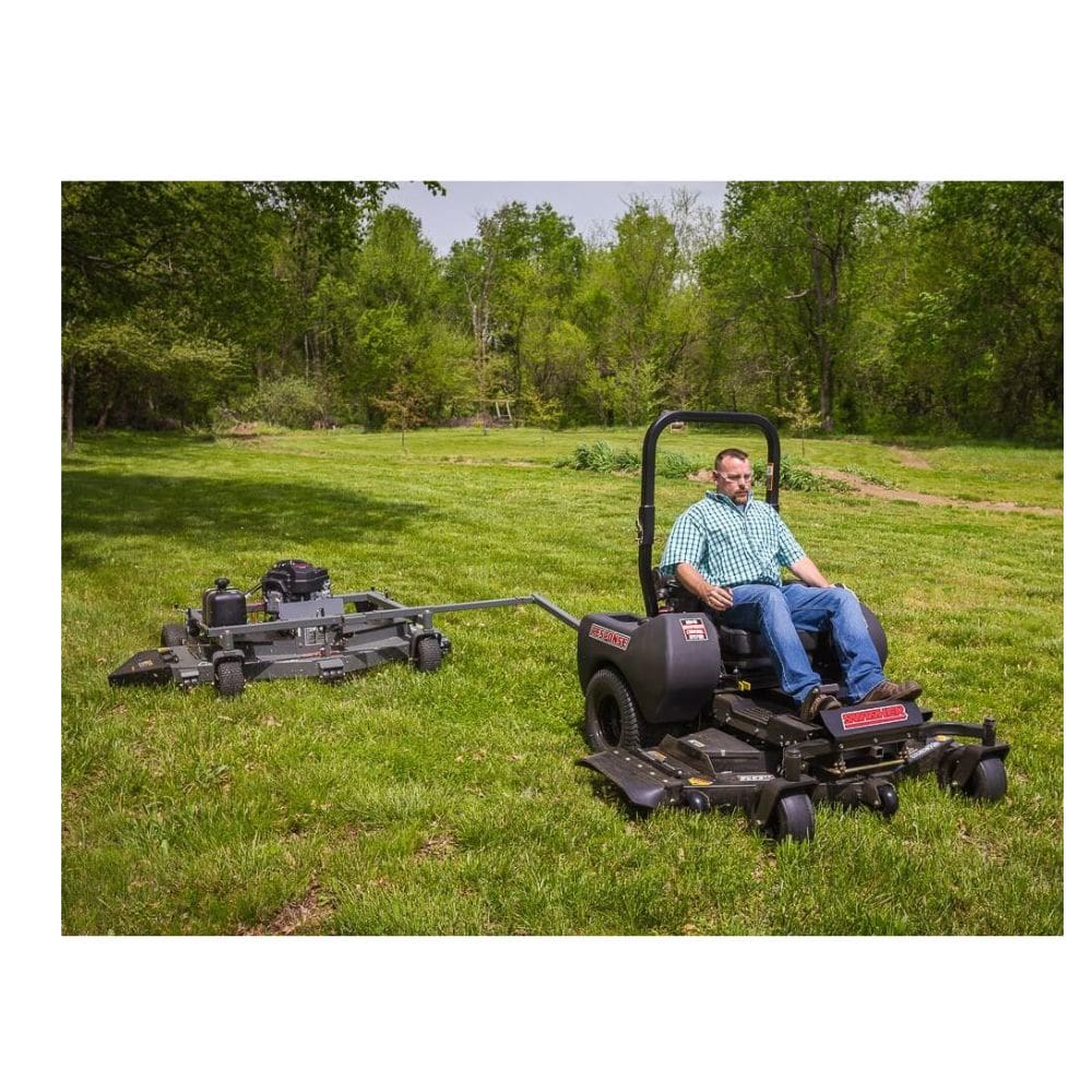 Swisher 66 Commercial Mower, 14.5HP Kawasaki, black with handlebars and multiple cutting decks.