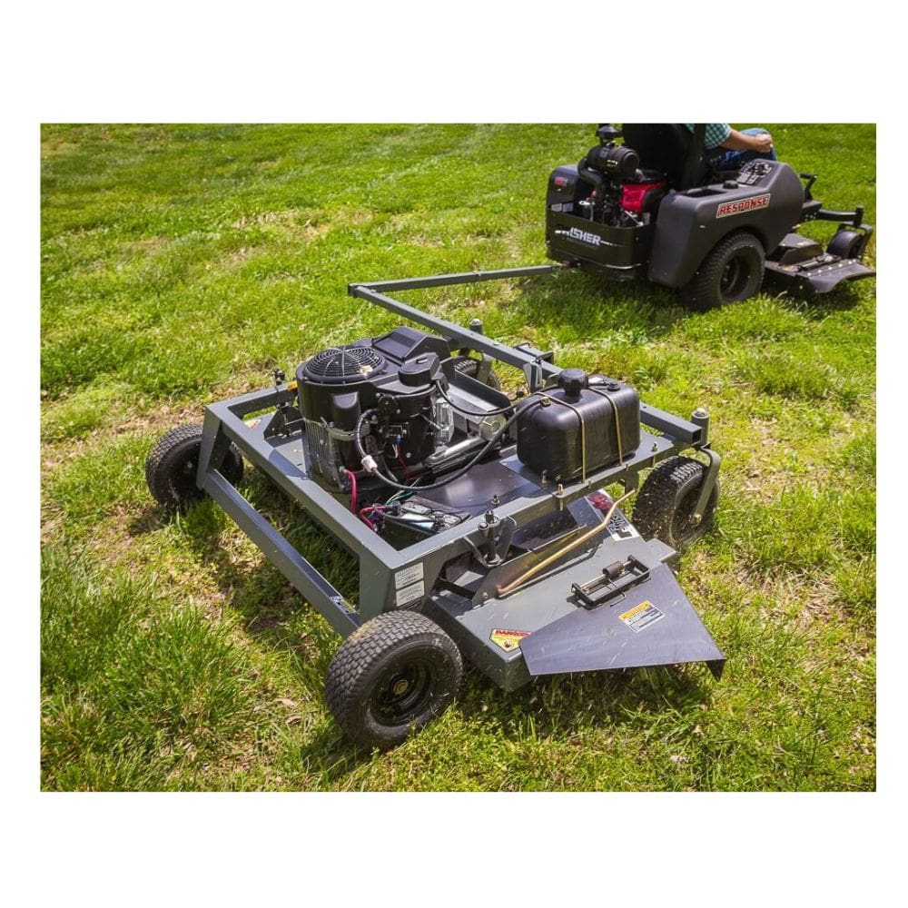Swisher 66 Commercial Mower, gray with 14.5HP Kawasaki engine and durable wheels.
