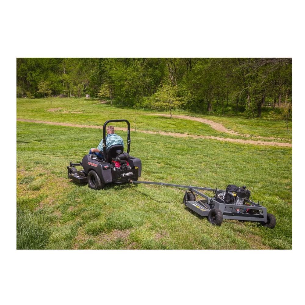 Swisher 66 Commercial Mower 14.5HP Kawasaki, black, rear view with trailer attachment and wheels.