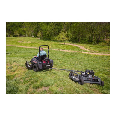 Swisher 66 Commercial Mower 14.5HP Kawasaki, black, rear view with trailer attachment and wheels.