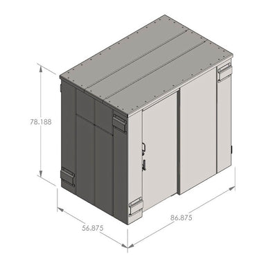 Swisher 9 Person ESP Safety Shelter residential capacity, angled view with metal construction and dimensions.
