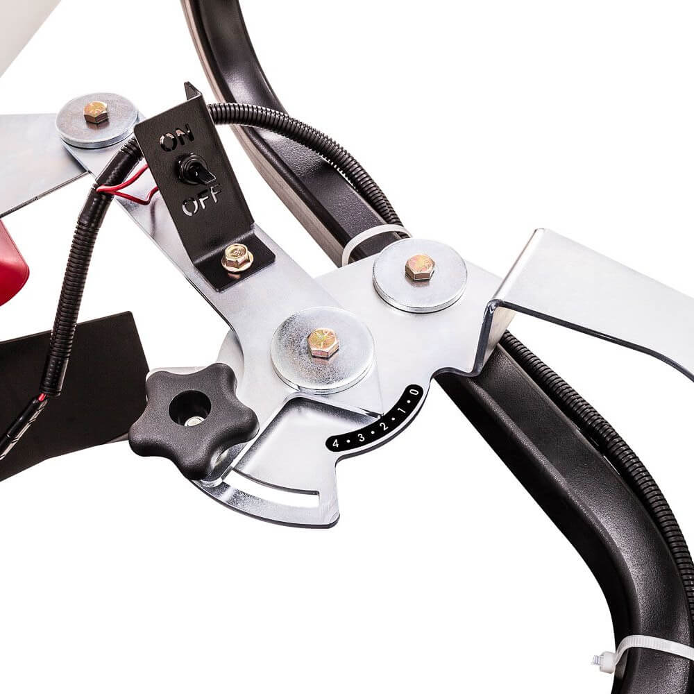 Swisher Commercial Pro ATV Spreader metal frame, red and black features, on/off switch, and adjustment dials.